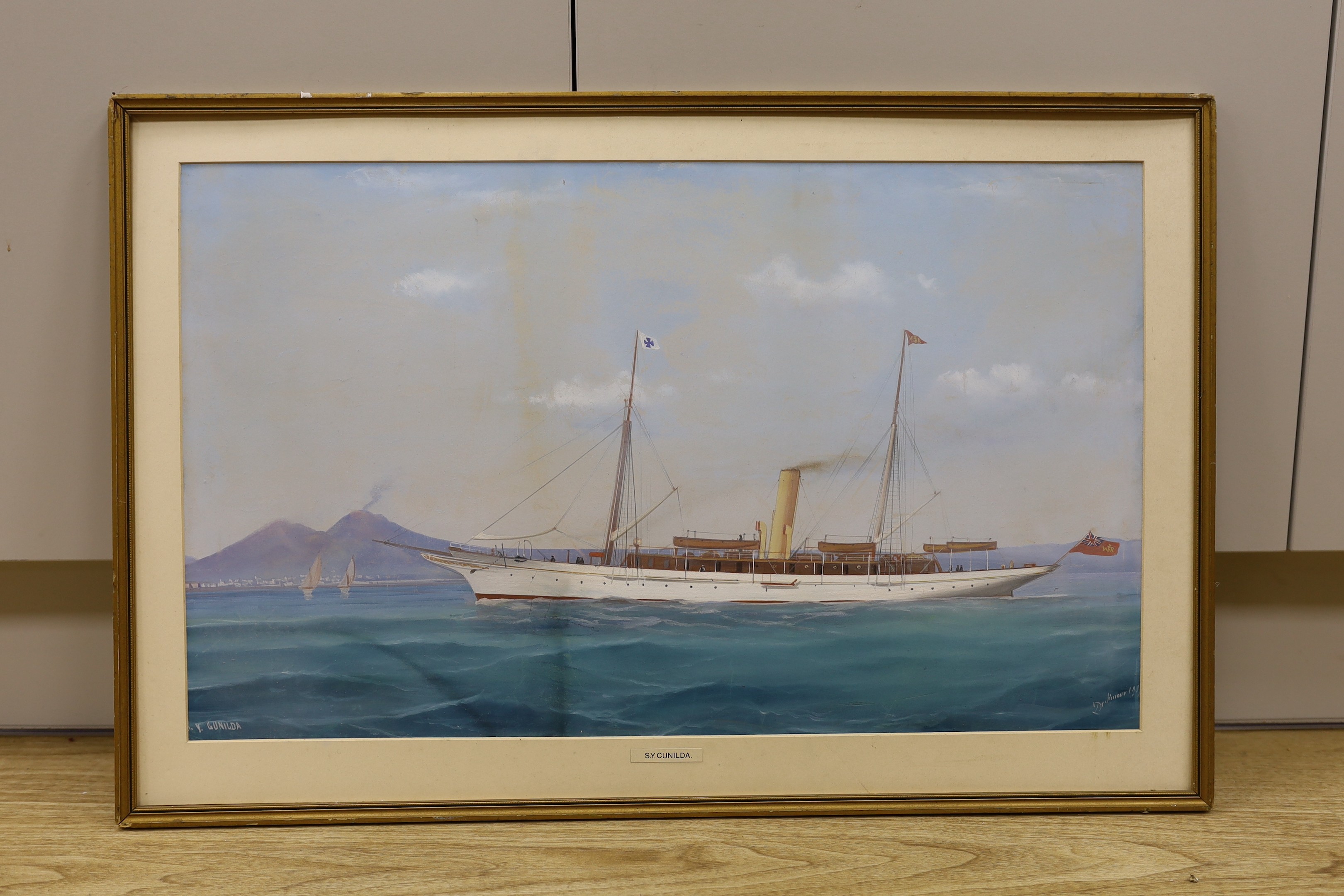 Antonio De Simone (1851-1907), gouache, The steam yacht, Cunilda', signed and dated 190., 38 x 62cm